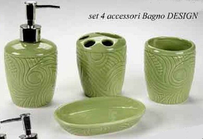 Set 4pz Accessori Bagno In Ceramica Porta Sapone Spazzolino Decoro Design  616297 - commercioVirtuoso.it