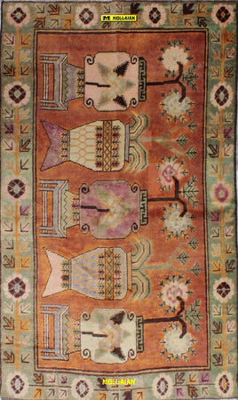 Tappeto Arazzo Samarcanda Kotan D'epoca 233x135 - Stile Turkestan Con Colori Vegetali E Disegni Stilizzati