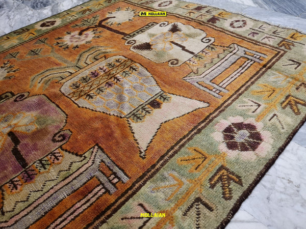 Tappeto Arazzo Samarcanda Kotan D'epoca 233x135 - Stile Turkestan Con Colori Vegetali E Disegni Stilizzati
