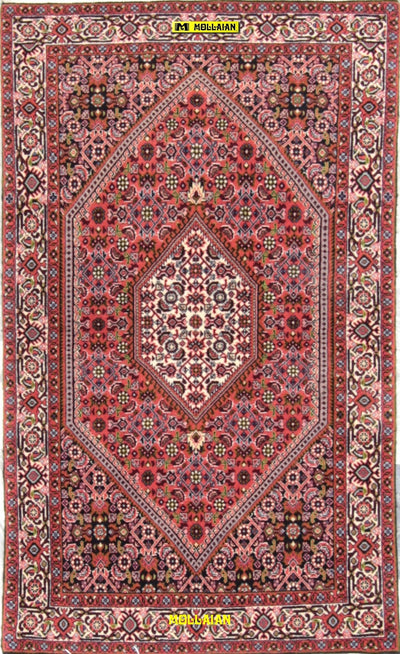 Tappeto Bidjar Fine Persia 146x88cm Rosa Antico Beige Blu Disegno Geometrico Herati Frange Rifinite Corte