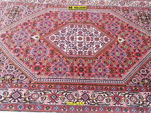 Tappeto Bidjar Fine Persia 146x88cm Rosa Antico Beige Blu Disegno Geometrico Herati Frange Rifinite Corte