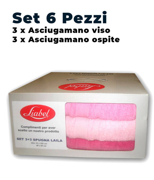 Set asciugamani marca liabel 3+3 mis.55x105 cm misura grande, 40x60 cm misure piccole varianti capri colore blu e azzurro chiaro,laila fuxia e rosa, rosa antico e fuxia tessile L'Orchidea - Siderno, Commerciovirtuoso.it