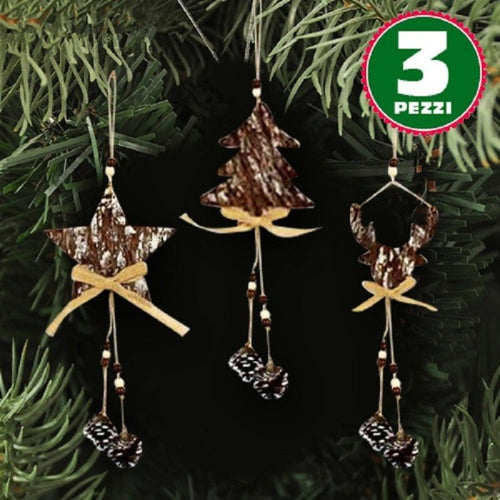 3 Appendini Natale Corteccia Legno Con Pigne Fiocco Stella Albero Alce