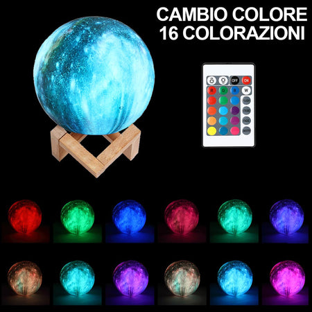 Lampada Tavolo Pianeta 18cm Luce LED RGB Cambio Colore Moon Luna USB Telecomando