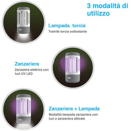 Zanzariera Elettrica Torcia LED da Campeggio Anti Zanzare Potenza 4Watt Esterno