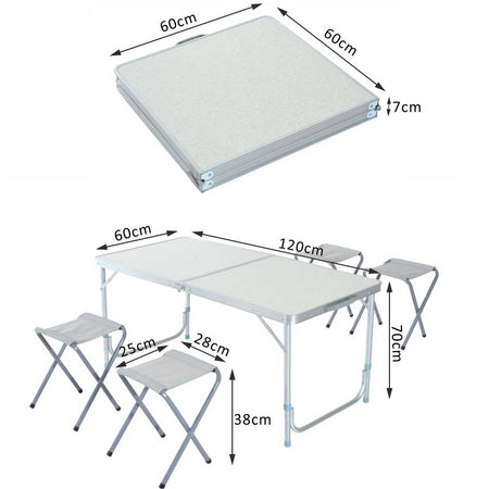 Tavolo Tavolino Pieghevole da Campeggio Picnic 120x60cm con 4 Sgabelli Alluminio