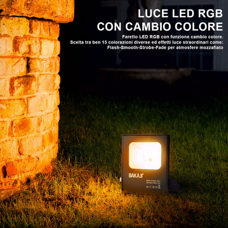 Faro LED RGB 30W Luce Atmosfera Faretto Proiettore Esterno Slim IP65 Telecomando