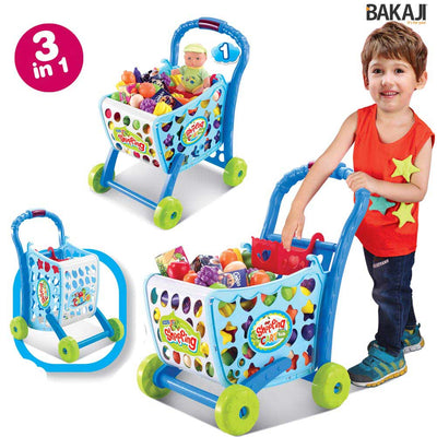 Carrello Spesa Supermarket per bambini colore Azzurro con Frutta e Verdura 3in1
