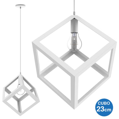 Lampadario Lampada Sospensione Cubo 23cm Design Moderno Paralume Metallo Bianco