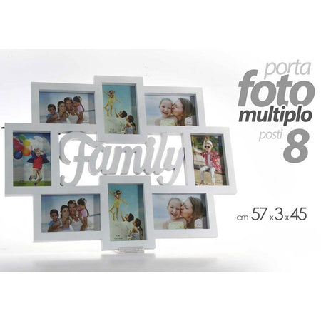 Cornice Portafoto Da Parete Con 8 Porta Foto 10x15 e Scritta Family Bianco