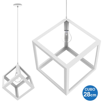 Lampadario Lampada Sospensione Cubo 28cm Design Moderno Paralume Metallo Bianco