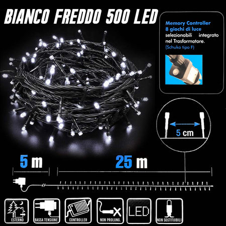 Catena Luminosa 500 Luci LED Lucciole Bianco Fredd Controller 8 Funzioni Esterno