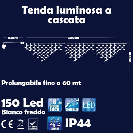 Tenda Luminosa Natalizia 150 LED cn Flash Bianco Freddo 3mt Esterno Prolungabile