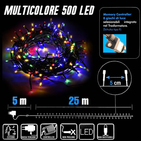 Catena Luminosa 500 Luci LED Lucciole Multicolore Controller 8 Funzioni Esterno