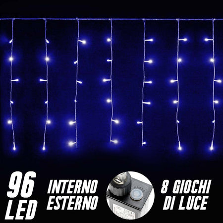 Tenda Luminosa Natalizia 96 LED Luce Blu 3 METRI Interno Esterno Luci Cavo 5mt