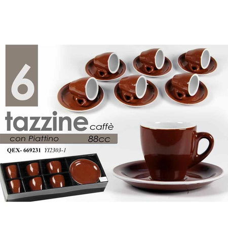 Servizio Set 6 Tazzine da Caffe Tazzina in Ceramica con Piattino Marrone 95ml