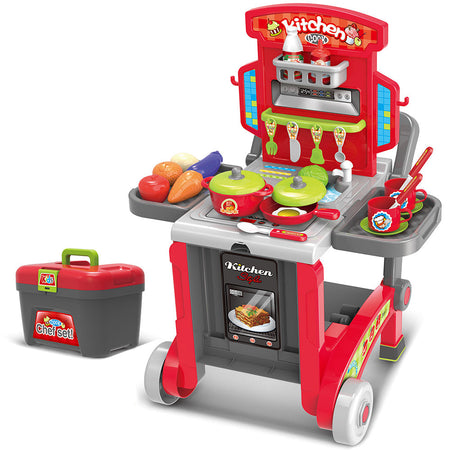 Cucina Giocattolo Bambini 3in1 Richiudibile in Trolley e Carrello 29 Accessori