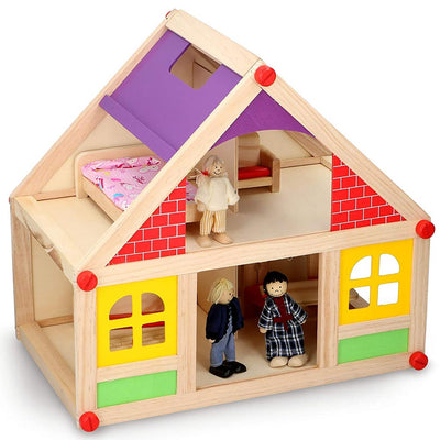 Casa delle Bambole in Legno Giocattolo per Bambini con 3 Bamboline e Mobili