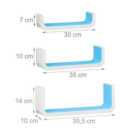 Set 3 Mensole da Parete Moderne Design Bordi Mensola Legno Scaffale Bianco Blu