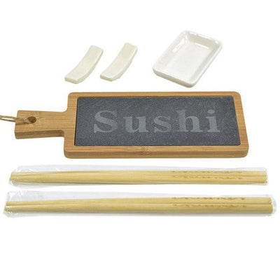 Set Sushi Cibo Giapponese 2 Persone Bacchette Legno Ciotola Vassoio Ardesia 6pz