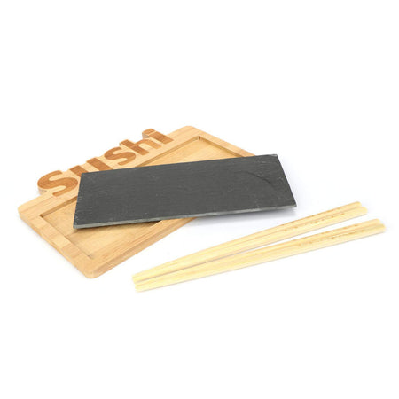 Set Sushi Cibo Giapponese 2 Persone Bacchette Legno Bamboo e Vassoio Ardesia 3pz