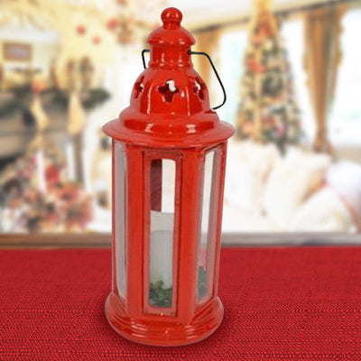 Lanterna Tonda Metallo Rosso Con Candela a Batteria 35cm Decorazioni Natalizie