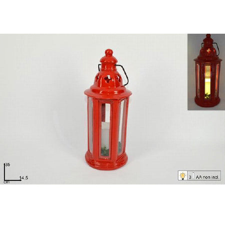 Lanterna Tonda Metallo Rosso Con Candela a Batteria 35cm Decorazioni Natalizie