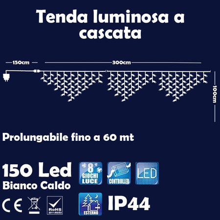 Tenda Luminosa Natalizia 150 LED con Flash Bianco Caldo 3mt Esterno Prolungabile