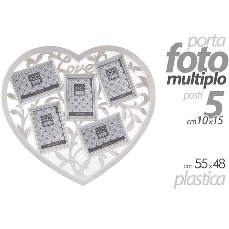Cornice Portafoto Da Parete Con 5 Porta Foto 10x15 Scritta Love Cuore Bianco