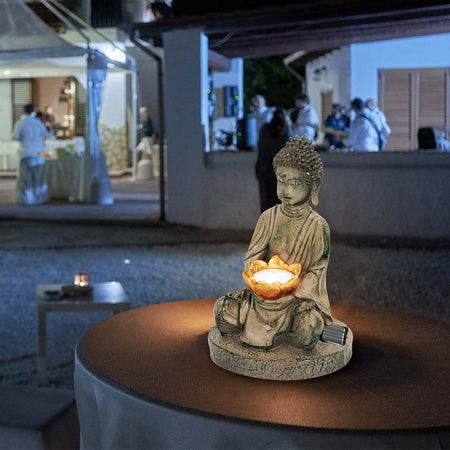 Lampada da Tavolo Statua Buddha da Giardino Luce LED Ricarica Solare 27cm