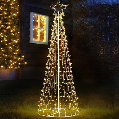 Albero Natale Luminoso 224cm 592 LED Bianco Caldo 8 Giochi Luce Metallo Esterno