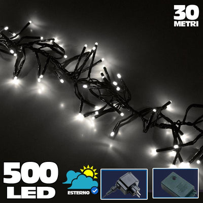 Catena Luminosa 500 Luci LED Lucciole Bianco Freddo Controller 8Funzioni Esterno