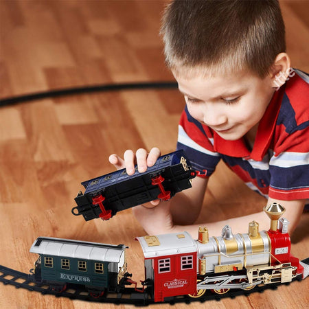 Pista Trenino Giocattolo Bambini Treno Locomotiva con Fumo Luce Suoni e 2 Vagoni