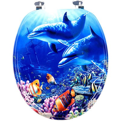 Copriwater Universale con Stampa Delfini Oceano Copri Tavoletta WC Bagno Legno