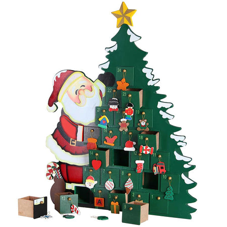 Calendario Avvento Babbo Natale con Albero in Legno 24 Cassetti e Decorazioni