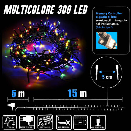 Catena Luminosa 300 Luci LED Lucciole Multicolore Controller 8 Funzioni Esterno