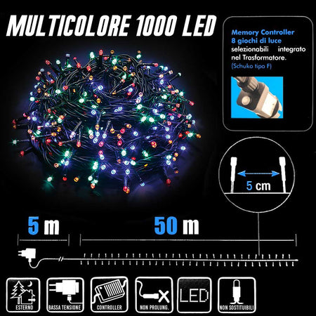 Catena Luminosa 1000 LED Luci Albero Natale Lucciole Multicolore Esterno 24V