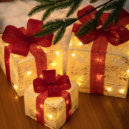 Set 3 Pacchetti Pacchi Regalo Luminosi di Natale con Stelle Decorazione Addobbo