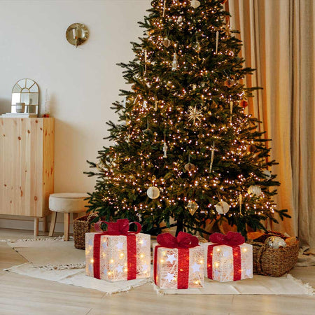 Set 3 Pacchetti Pacchi Regalo Luminosi di Natale con Stelle Decorazione Addobbo