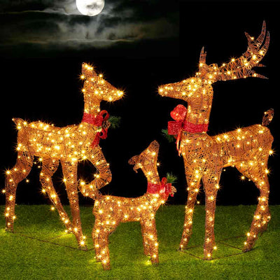Famiglia 3 Renne Luminose di Natale 600 LED Bianco Caldo Intreccio Corda Esterno