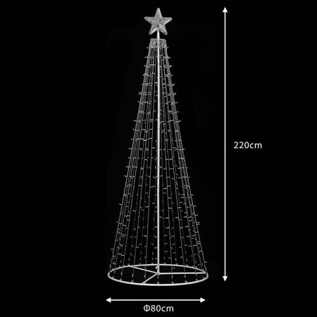 Albero Natale Luminoso 220cm 592 LED Bianco Caldo 8 Giochi Luce Metallo Esterno