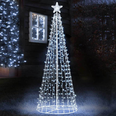 Albero Natale Luminoso 220cm 592 LED Bianco Freddo 8 Giochi Luce Metallo Esterno