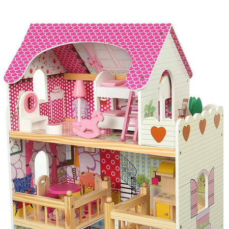 Casa Bambole in Legno Giocattolo Bambini 3 piani con Mobili e Accessori 60x30x90