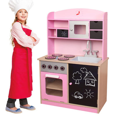 Cucina Legno Giocattolo per Bambini con Anta e Cassetti Lavagna 60x30x90cm Rosa