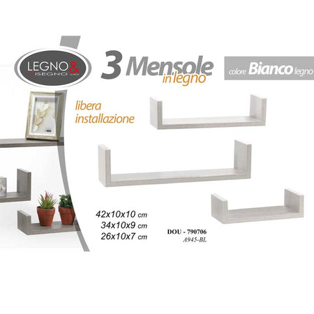 Set 3 Mensole da Parete Moderne Design con Bordi Mensola Scaffale Legno Bianco