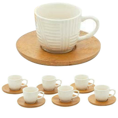 Servizio Set 6 Tazzine da Caffe Tazzina in Ceramica con Piattino Legno di Bambu