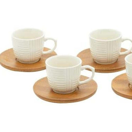 Servizio Set 6 Tazzine da Caffe Tazzina in Ceramica con Piattino Legno di Bambu