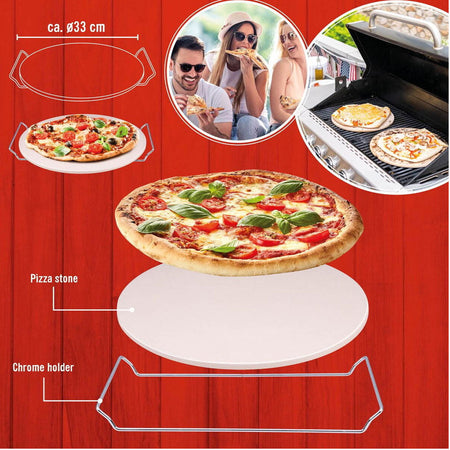 Pietra Refrattaria per Pizza e Pane diametro 33 cm tonda con maniglie Cromo