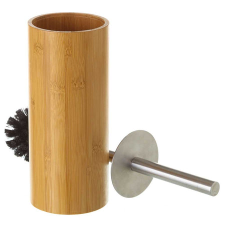 Portascopino Bagno con Spazzolone WC Cilindro in Legno di Bambu e Metallo 35cm