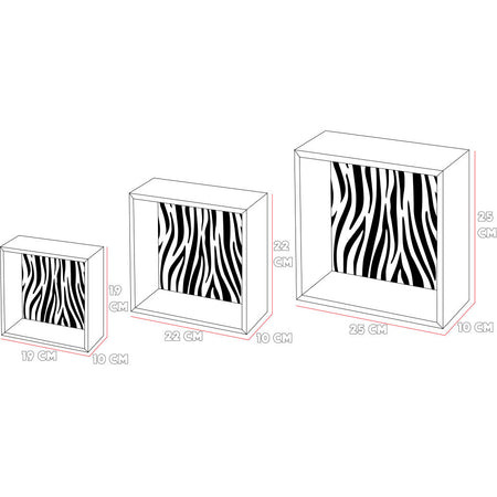 Set 3 Mensole Cubo da Parete Design Moderno con Fondo Zebrato Scaffale in Legno